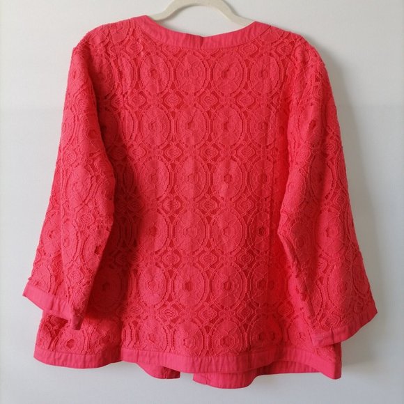 Christopher & Banks Womens Coral Pink Crochet Lace Open Front Blazer Jacket XL - Picture 2 of 7